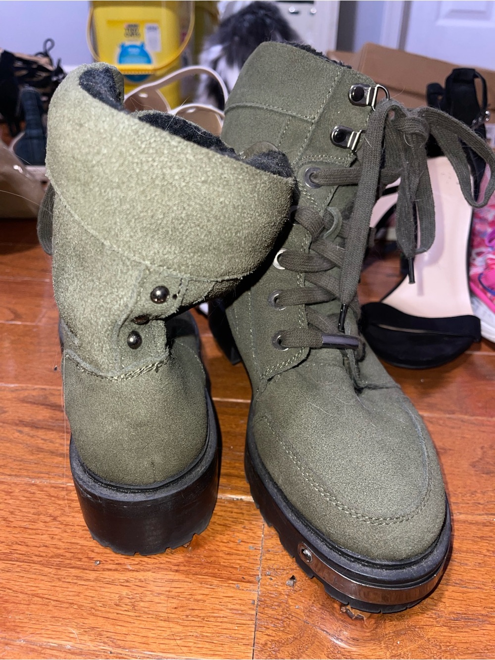 Women's Olive Green Lace-Up Platform Ankle Boots